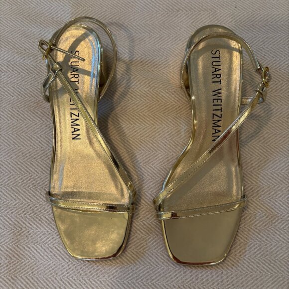 Stuart Weitzman Soirée Metallic Gold Block Heels - 8 - Picture 4 of 5